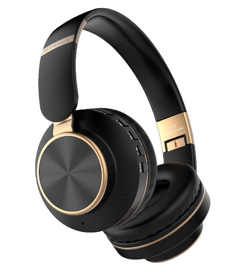 Gold Chrome Fashion Bluetooth Wireless Foldable Headphone Headset with Built in Mic (Black)